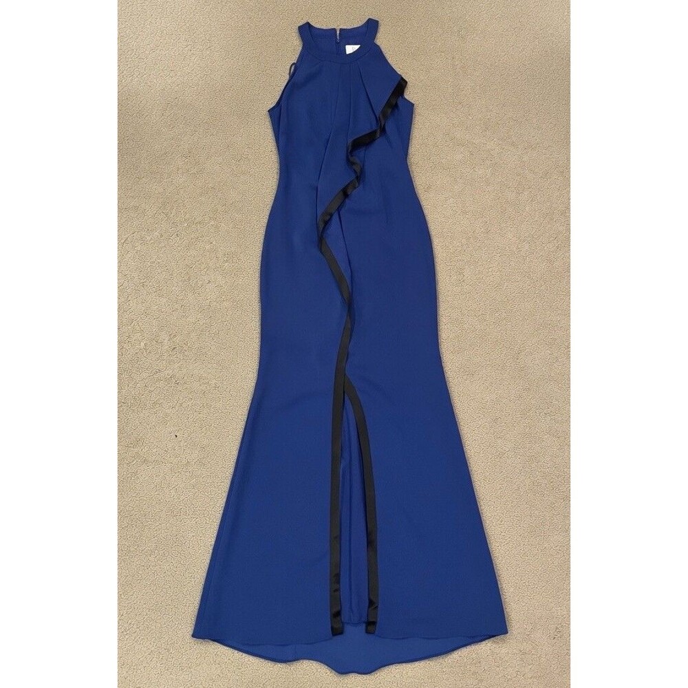 Badgley Mischka Collection Two-Tone High Neck Gown – Royal Blue with Black Silk